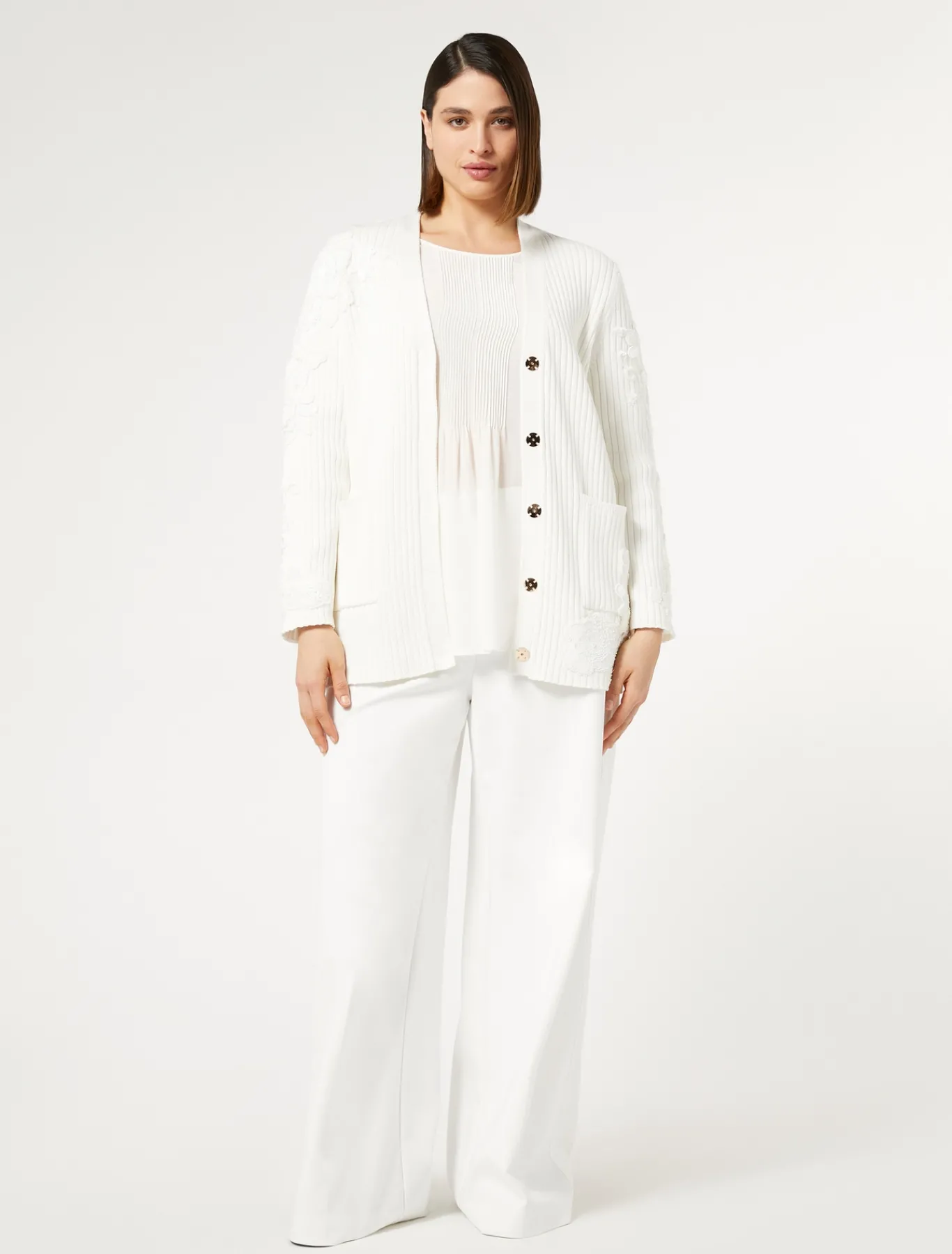 Marina Rinaldi Maglieria | Maglieria*Cardigan in cotone con ricami BIANCOOTTICO